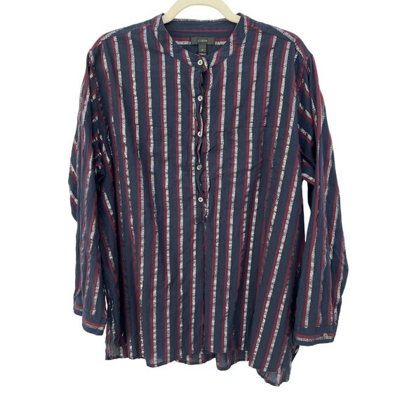 J Crew Metallic Stripe Popover Tunic Shirt Womens 16 Navy Cotton Blend Preppy - Picture 2 of 11